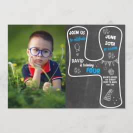 Vierde geboortecyalkbord voor jongen met foto-blau kaart