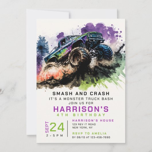 Vierde geboortedag monster Truck Smash Crash Kinde Kaart (Voorkant)