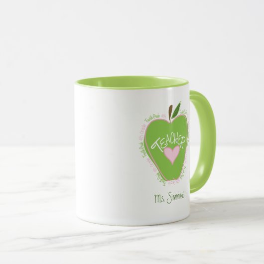 Vierde graad lerarenroze en groene appel mok (Voorkant rechts)