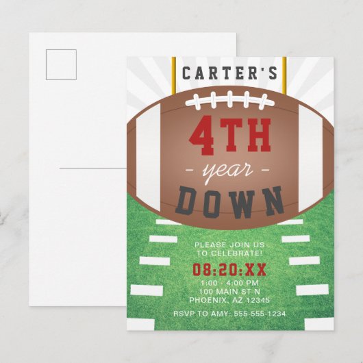 Vierde jaar onderaan thema Football 4e verjaardag Uitnodiging Briefkaart (Voorkant / Achterkant)