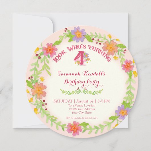 Vierde jaar oud meisje, Waterverf Floral Kaart (Voorkant)