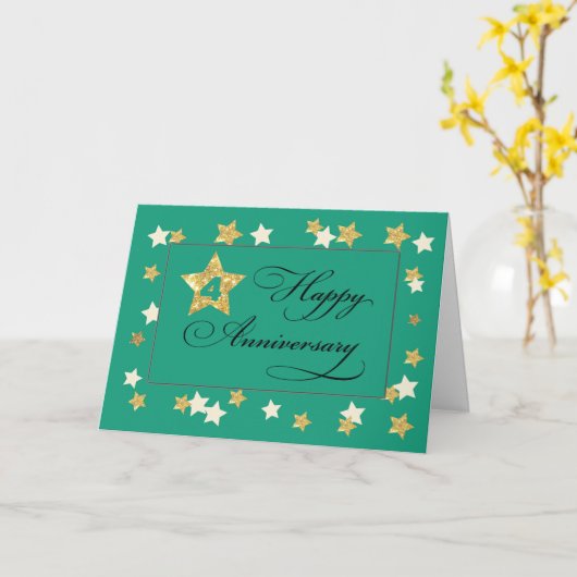Vierde Jubileum Groen Gold Effect Star Kaart (Gele Bloem)