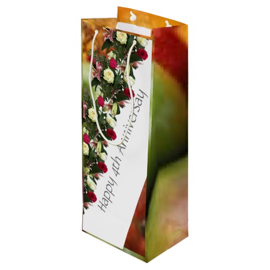 Vierde Jubileum voor bruiloft en bloemen, bewerkba Wijn Cadeautas (Achterkant Gekanteld)