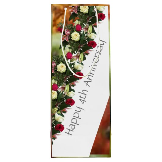 Vierde Jubileum voor bruiloft en bloemen, bewerkba Wijn Cadeautas (Achterkant)