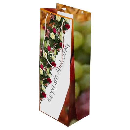 Vierde Jubileum voor bruiloft en bloemen, bewerkba Wijn Cadeautas (Voorkant Gekanteld)