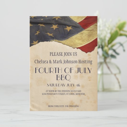 Vierde Juli BBQ zwembadfeest vlag met vintage uits Kaart (Staand voorkant)