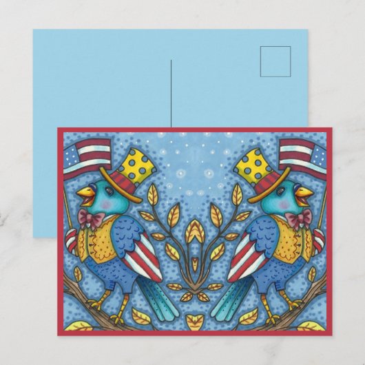 VIERDE JULI BLUEBIRD TWEET, AMERIKAANSE VLAGVERKLA FEESTDAGENKAART (Voorkant / Achterkant)