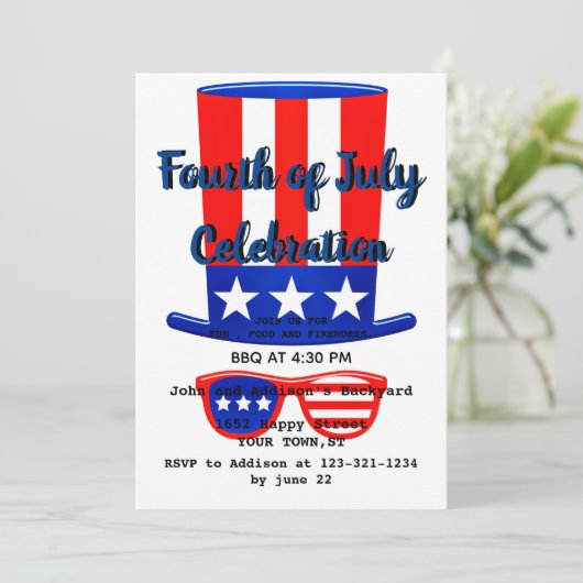 Vierde Juli-feesthoed en -bril Kaart (Staand voorkant)