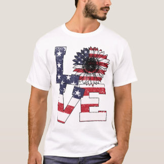 Vierde juli Love Sunflower Patriotic American Flag T-shirt
