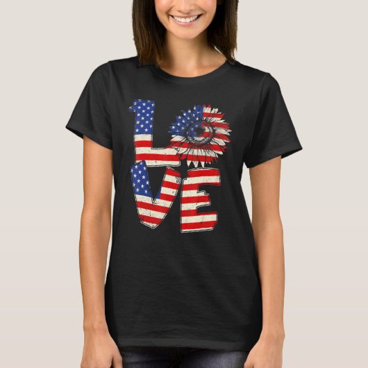 Vierde juli Love Sunflower Patriotic American Flag T-shirt (Voorkant)