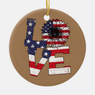 Vierde juli Love Sunflower Patriotic American Keramisch Ornament