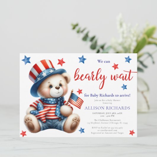 Vierde juli patriottische bearly wacht baby shower kaart (Staand voorkant)