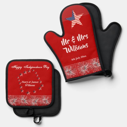 Vierde juli Patriottische Mr. Mrs Modern Script Re Ovenwant & Pannenlap Set (Voorkant / Achterkant)