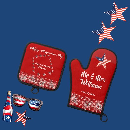 Vierde juli Patriottische Mr. Mrs Modern Script Re Ovenwant & Pannenlap Set