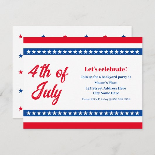Vierde juli: Rode witte en blauwe sterren en strip Kaart (Voorkant / Achterkant)