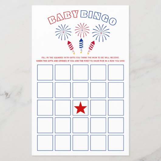 Vierde juli voetzoekers baby shower bingo spel flyer (Voorkant)