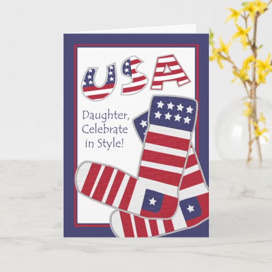 Vierde juli voor dochter, patriottische Sokken Kaart (Gele Bloem)
