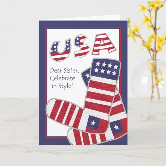 Vierde juli voor zuster Patriottische Sokken Kaart (Gele Bloem)