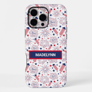 Vierde juli vuurwerkpatroon aangepaste naam iPhone 16 pro max hoesje