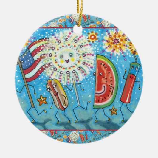 VIERDE JULY GANG, PARADE EN FIREWORKS HOLIDAY KERAMISCH ORNAMENT (Voorkant)
