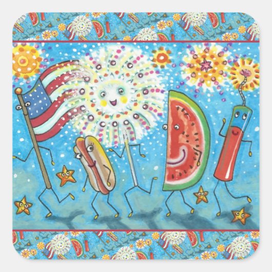 VIERDE JULY GANG, PARADE EN FIREWORKS HOLIDAY VIERKANTE STICKER (Voorkant)