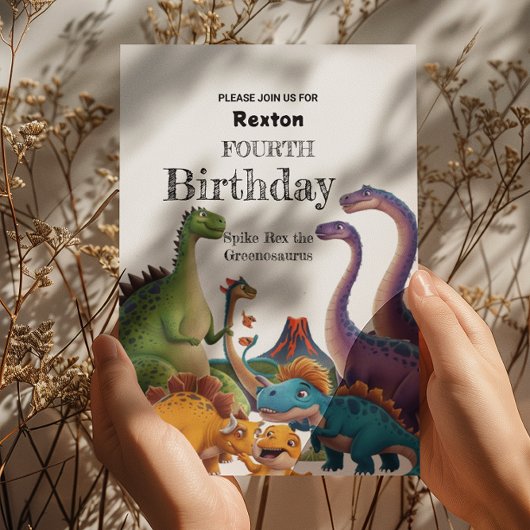 Vierde kinder dinosaurus verjaardagsfeest uitnodig briefkaart