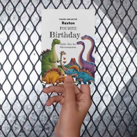 Vierde kinder dinosaurus verjaardagsfeest uitnodig briefkaart