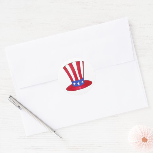 Vierde Rode Blauwe Patriottische Oom Sam Tophat Ronde Sticker (Envelop)