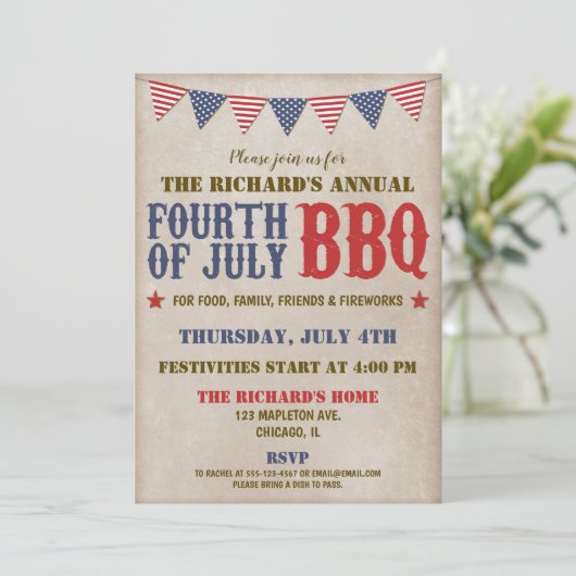 Vierde rode witte blauwe vuurwerk van juli kaart (Staand voorkant)