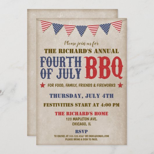 Vierde rode witte blauwe vuurwerk van juli kaart (Voorkant / Achterkant)