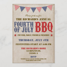 Vierde rode witte blauwe vuurwerk van juli kaart