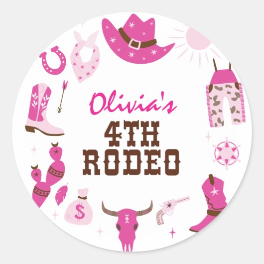 Vierde Rodeo Roze Western Cowboy 4e Verjaardag Ronde Sticker (Voorkant)