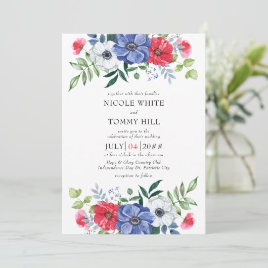 Vierde Rood Witte en Blauwe Floral Wedding van jul Kaart (Staand voorkant)
