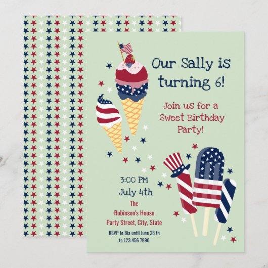 Vierde uitnodiging voor de Girl Party - Sweet Birt (Voorkant / Achterkant)