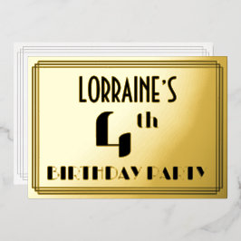 Vierde verjaardag: Art Deco Kijk "4" en naam Folie Uitnodiging