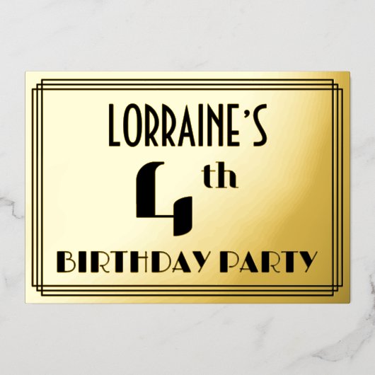 Vierde verjaardag: Art Deco Kijk "4" en naam Folie Uitnodiging (Voorkant)