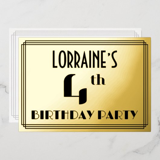 Vierde verjaardag: Art Deco Kijk "4" en naam Folie Uitnodiging (Voorkant / Achterkant)