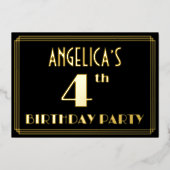 Vierde verjaardag: Art Deco Kijk "4", met naam Folie Uitnodiging (Voorkant)