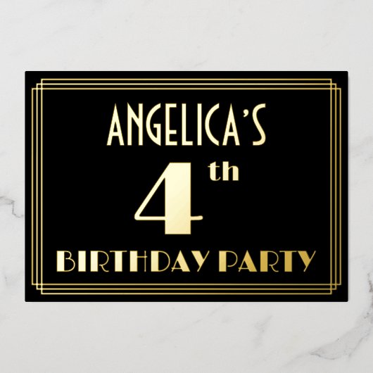 Vierde verjaardag: Art Deco Kijk "4", met naam Folie Uitnodiging (Voorkant)