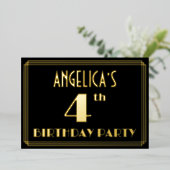 Vierde verjaardag: Art Deco Kijk "4", met naam Folie Uitnodiging (Staand Voorkant)