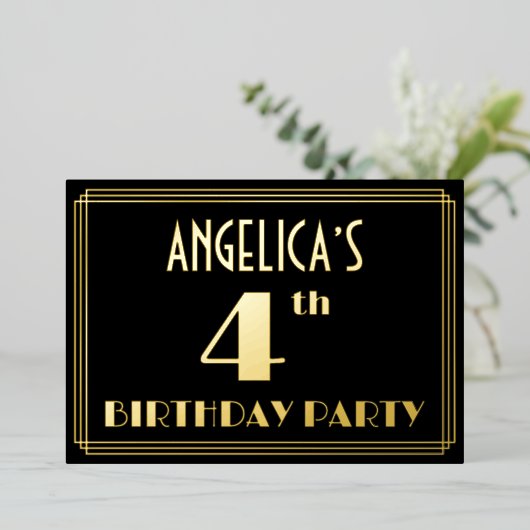 Vierde verjaardag: Art Deco Kijk "4", met naam Folie Uitnodiging (Staand Voorkant)