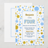 Vierde verjaardag Blauw en Gouden Glitter Party Kaart (Voorkant / Achterkant)