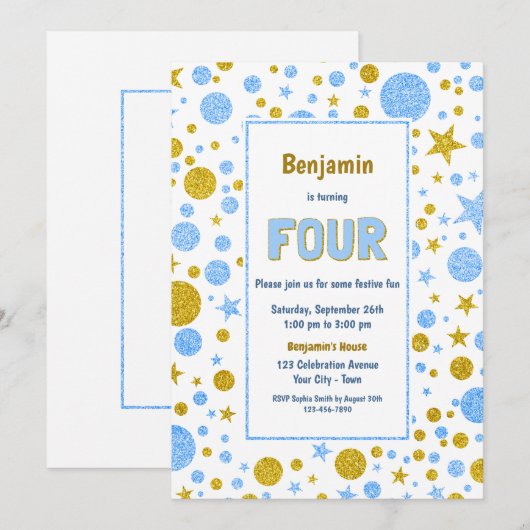 Vierde verjaardag Blauw en Gouden Glitter Party Kaart (Voorkant / Achterkant)