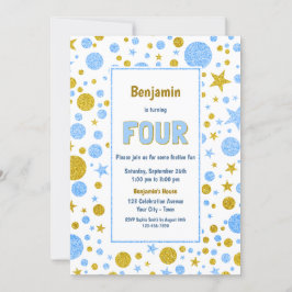 Vierde verjaardag Blauw en Gouden Glitter Party Kaart