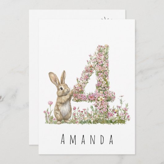 Vierde verjaardag bloemenvier & konijn kaart (Voorkant / Achterkant)