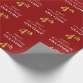Vierde verjaardag: Elegant, rood, Faux Gold Kijk Cadeaupapier (Hoek)