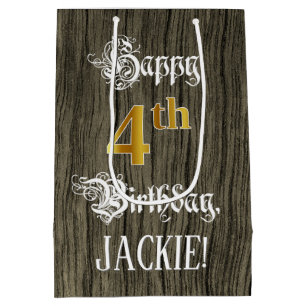 Vierde verjaardag: Faux Gold look & Faux Wood Patt Medium Cadeauzakje