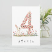 Vierde verjaardag Floral Four & White Bunny Kaart (Staand voorkant)