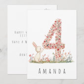Vierde verjaardag Floral Four & White Bunny Kaart (Voorkant / Achterkant)