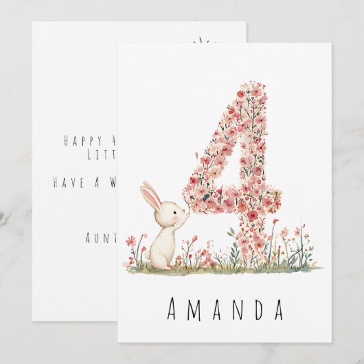 Vierde verjaardag Floral Four & White Bunny Kaart (Voorkant / Achterkant)